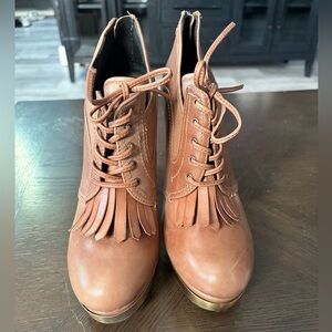 House of Harlow 1960 Tan Lace Up Fringe Boots